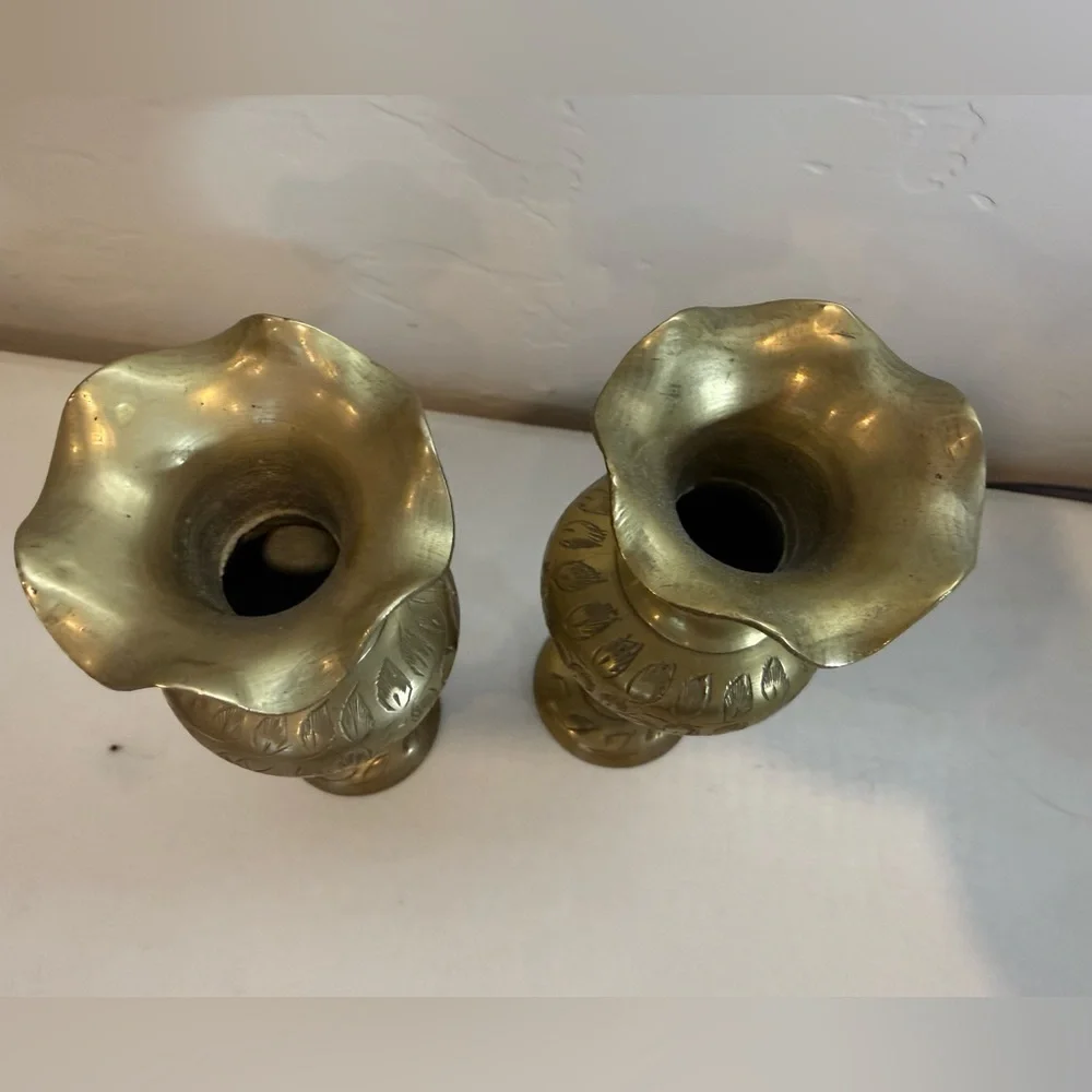 Vintage Pair of 2 Solid Brass Etched Floral Scalloped Vases signed Made in India
